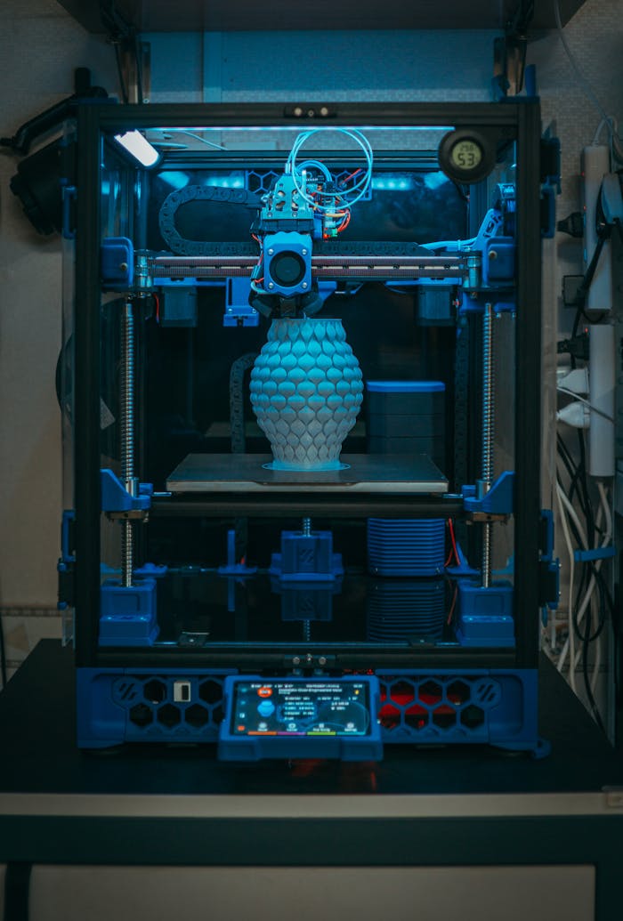 Mastering the First Impression: Your intriguing post title goes here Close-up of a 3D printer in action, crafting a detailed vase in a modern setting.