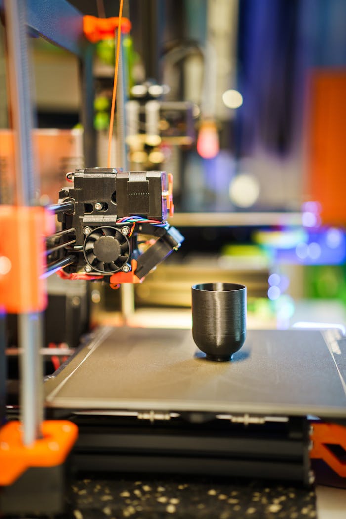 who-we-are Detailed shot of a 3D printer manufacturing a black plastic cup indoors.