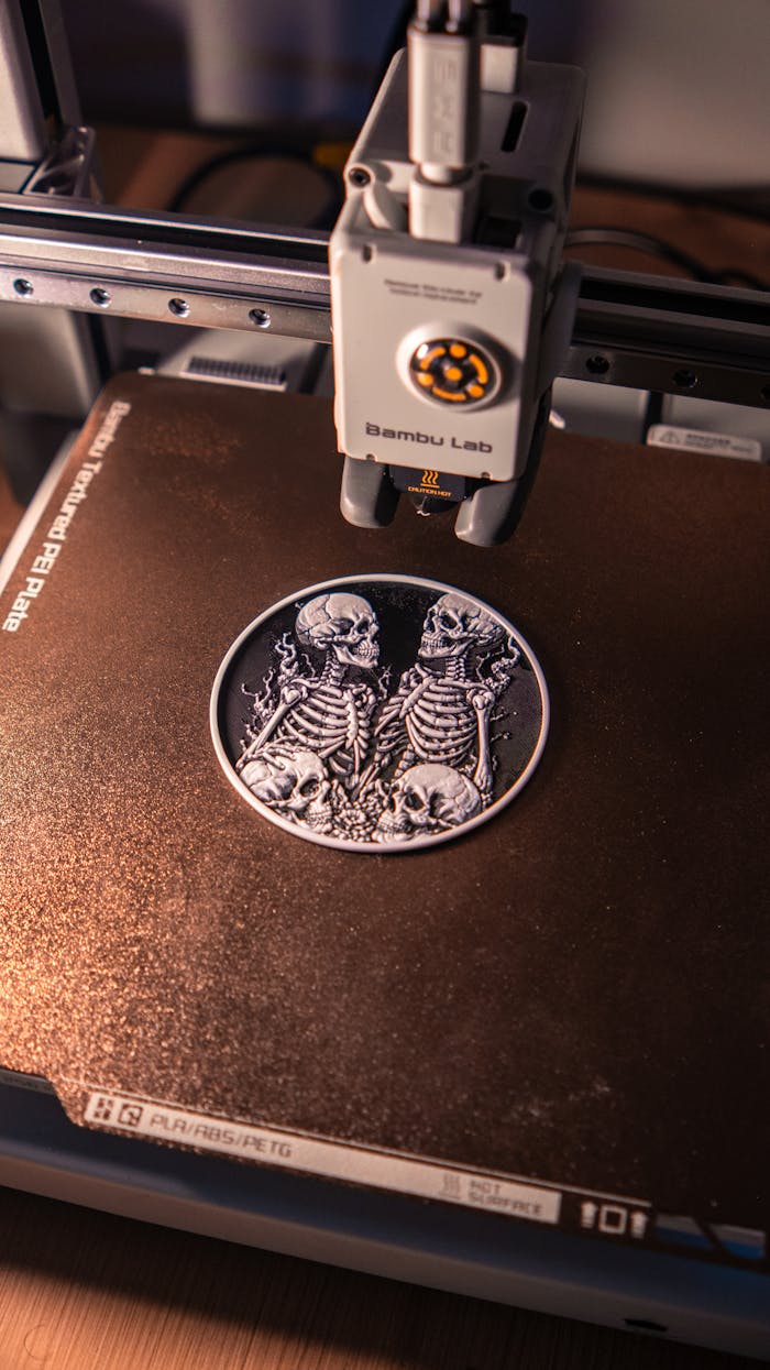 journey Close-up of an intricate 3D printed skeleton artwork being created on a 3D printer, showcasing digital craftsmanship.