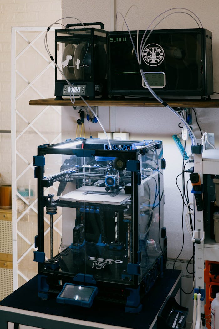why-choose-us A modern 3D printer setup in a technology workshop with various tools and devices.